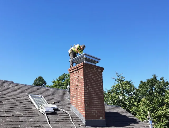 Berea Chimney Sweep technician measuring a chimney cap in Berea, OH