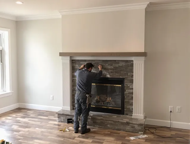 Berea Chimney Sweep finishing a custom fireplace install in Berea, OH